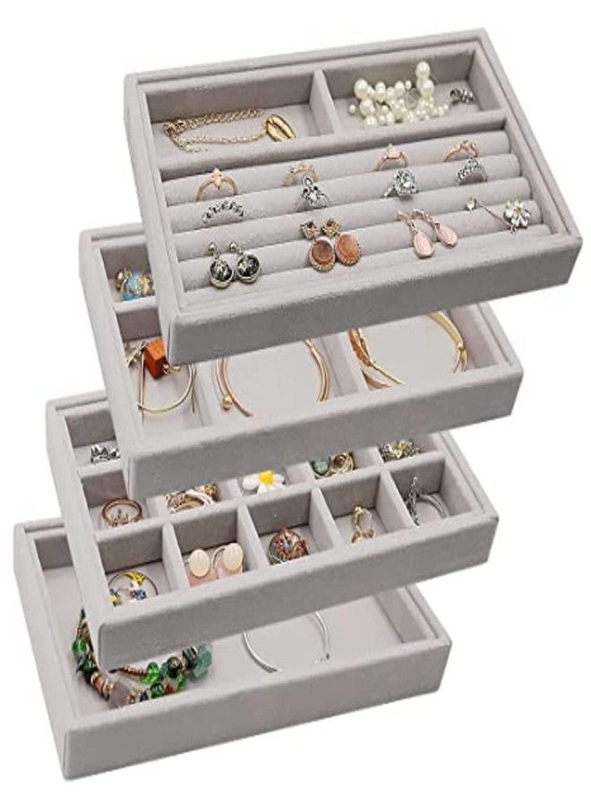 SHAULA منظم صواني مجوهرات مخملية قابلة للتكديس من شاولا، صواني عرض وتخزين مجوهرات للأدراج، منظم للأقراط والقلائد والأساور والخواتم، طقم من 4 قطع - Image 1